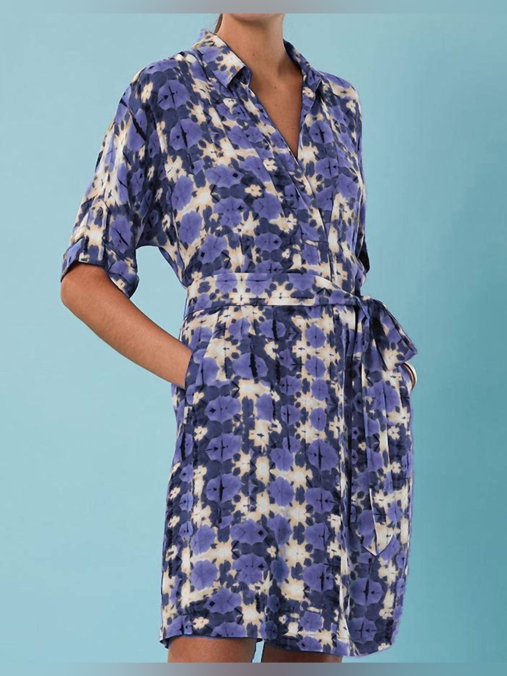 NIC + ZOE Shibori Stone Belted Devon Dress Blue Floral Pockets Medium Petite NWT
